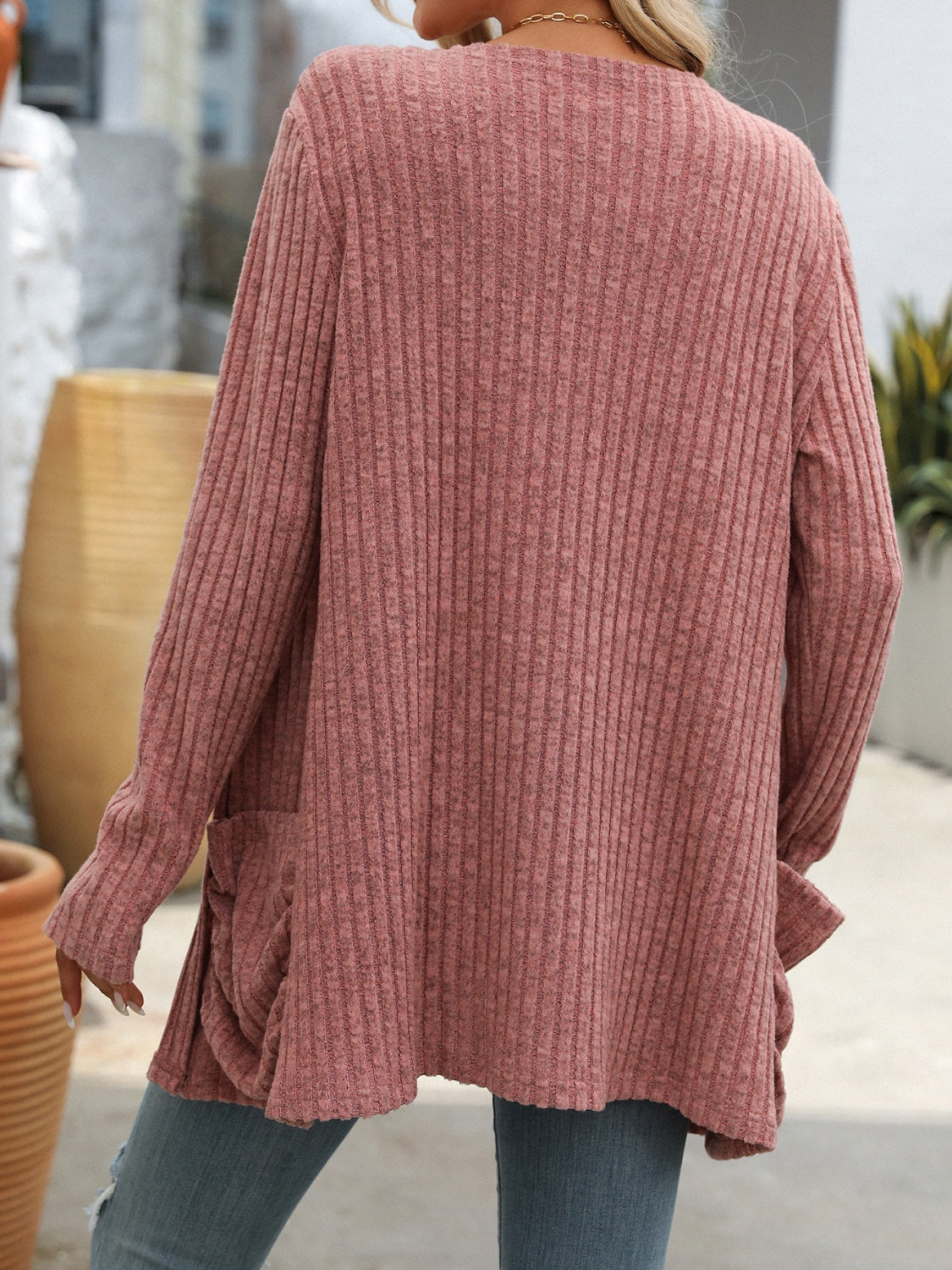 Mandy Open Front Long Sleeve Ribbed Cardigan Trendsi