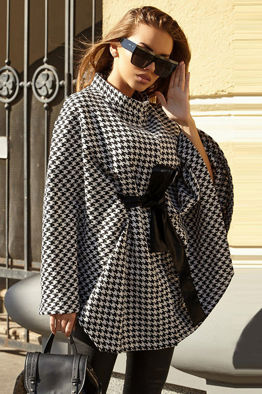 Houndstooth Tie Waist Trench Coat Trendsi