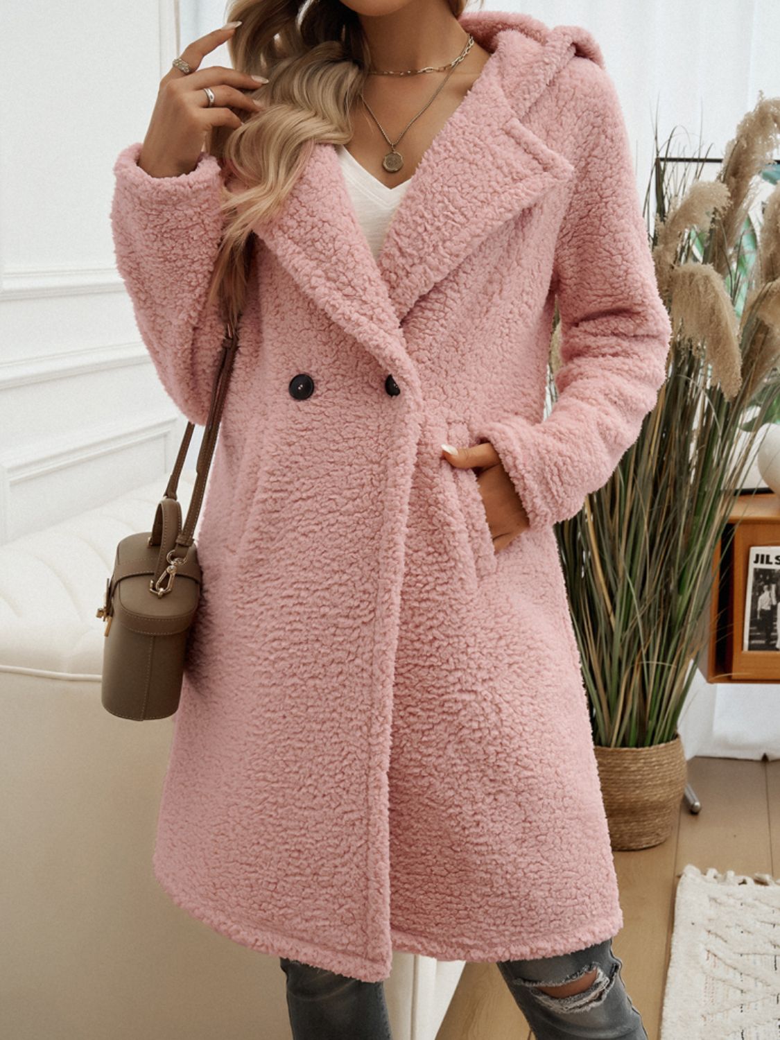 Devine Pocketed Long Sleeve Hooded Teddy Coat Trendsi