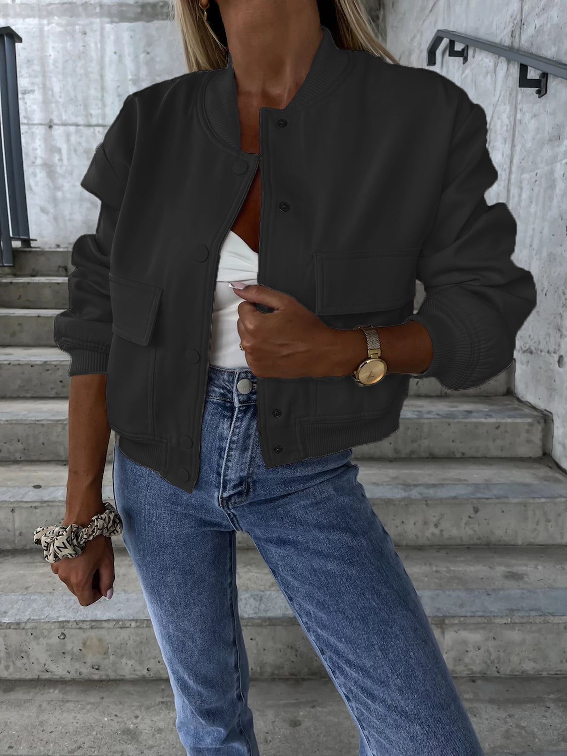 Baseball Collar Dropped Shoulder Jacket Trendsi