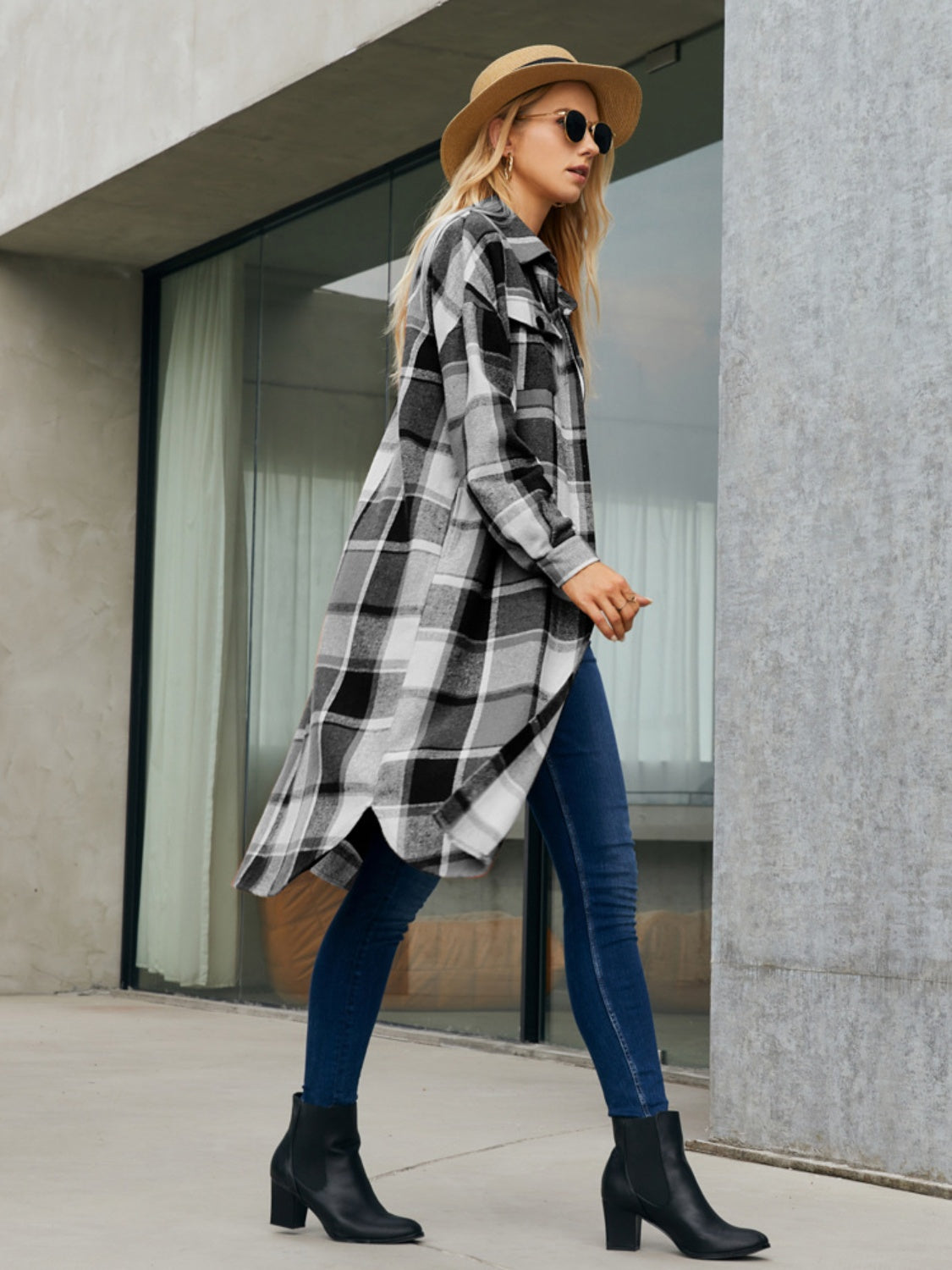 Plaid Pocketed Button Up Trench Coat Trendsi