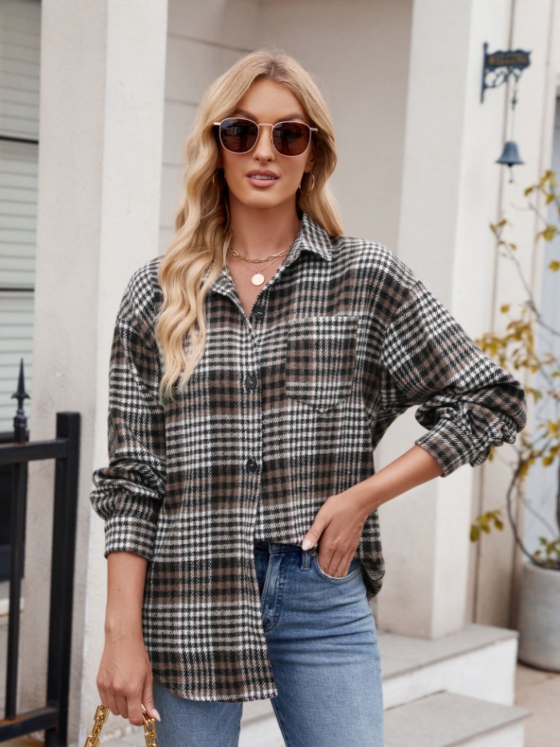 Throw -It-On Plaid Collared Neck Long Sleeve Shirt - House of Cardwell