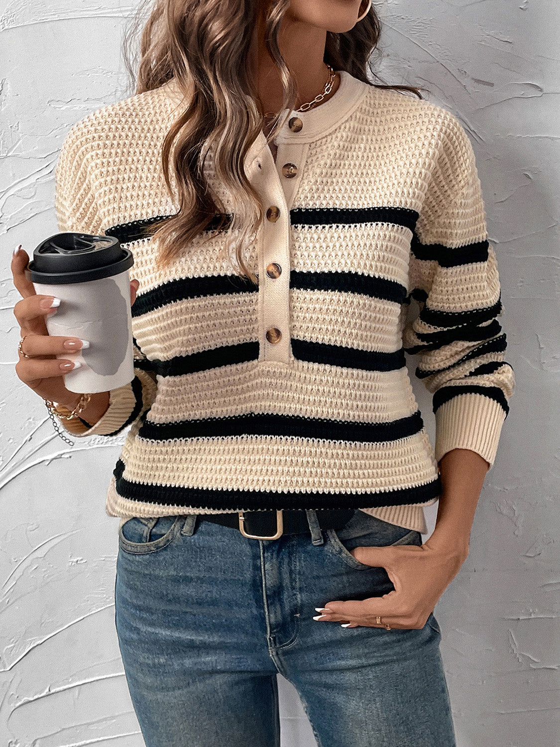 Perfee Striped Half Button Long Sleeve Sweater Trendsi