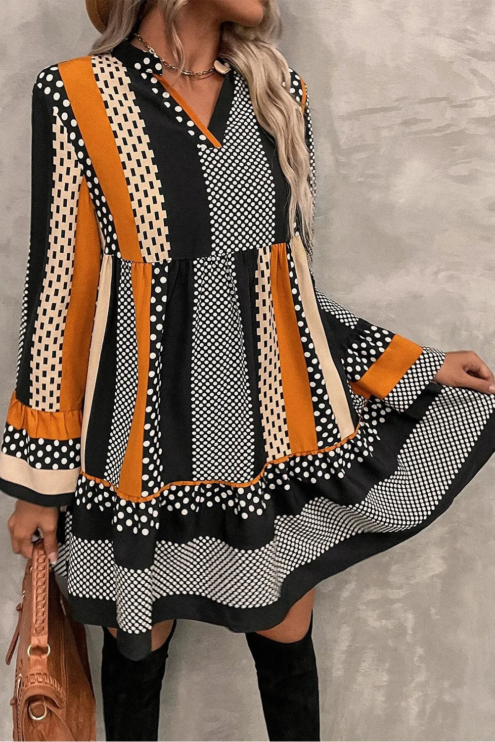 Printed Notched Long Sleeve Mini Dress Trendsi