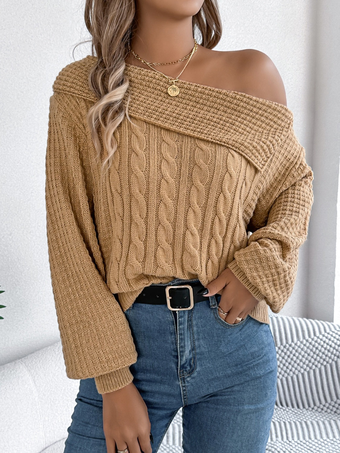 Cable-Knit One Shoulder Long Sleeve Sweater Trendsi