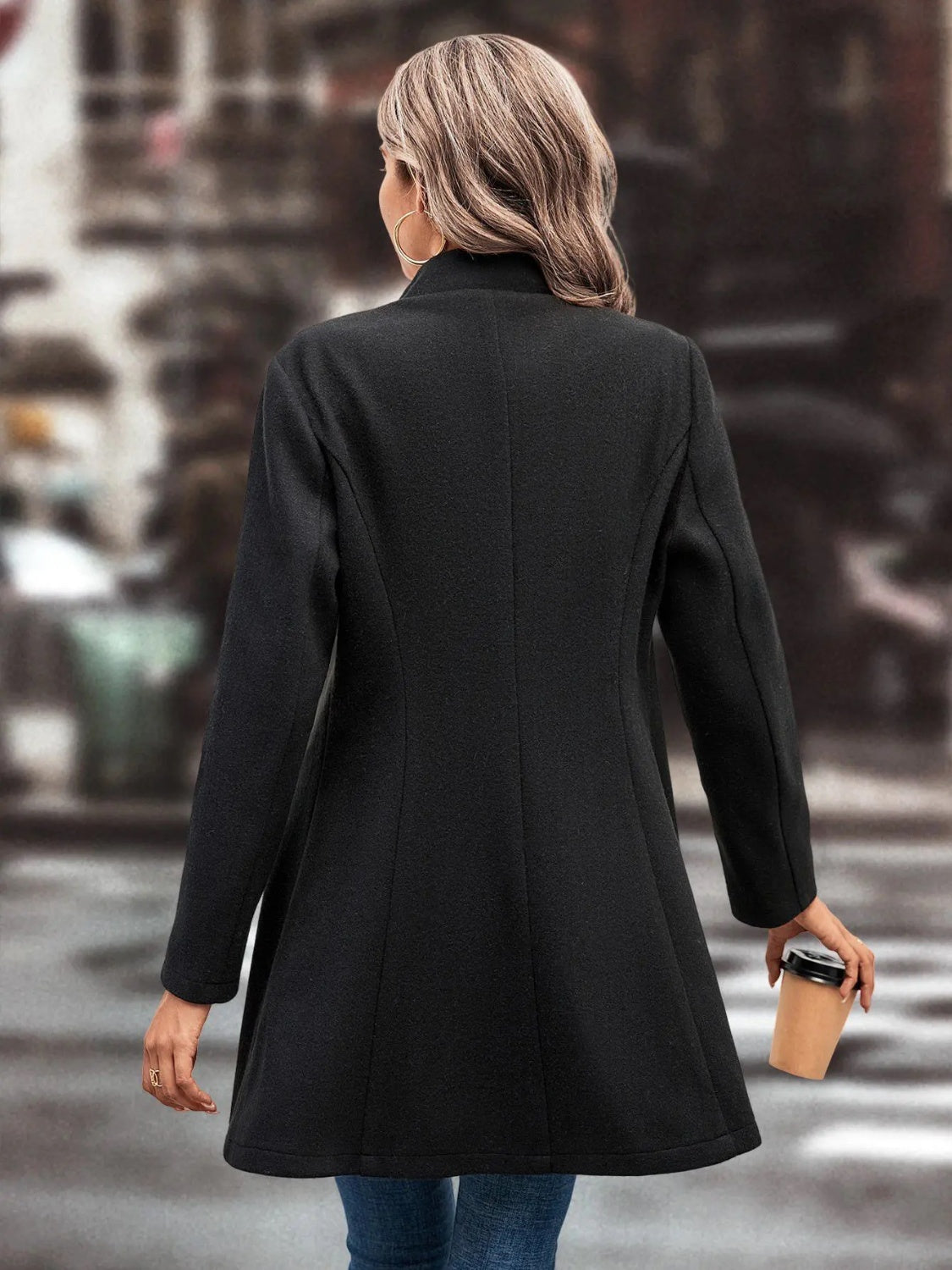 Collared Neck Long Sleeve Longline Coat Trendsi