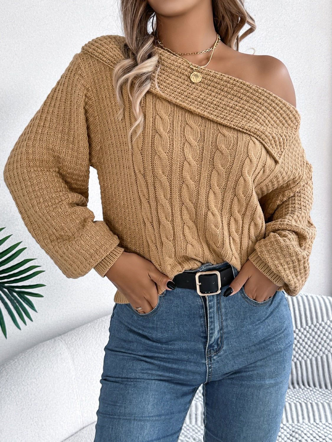 Cable-Knit One Shoulder Long Sleeve Sweater Trendsi