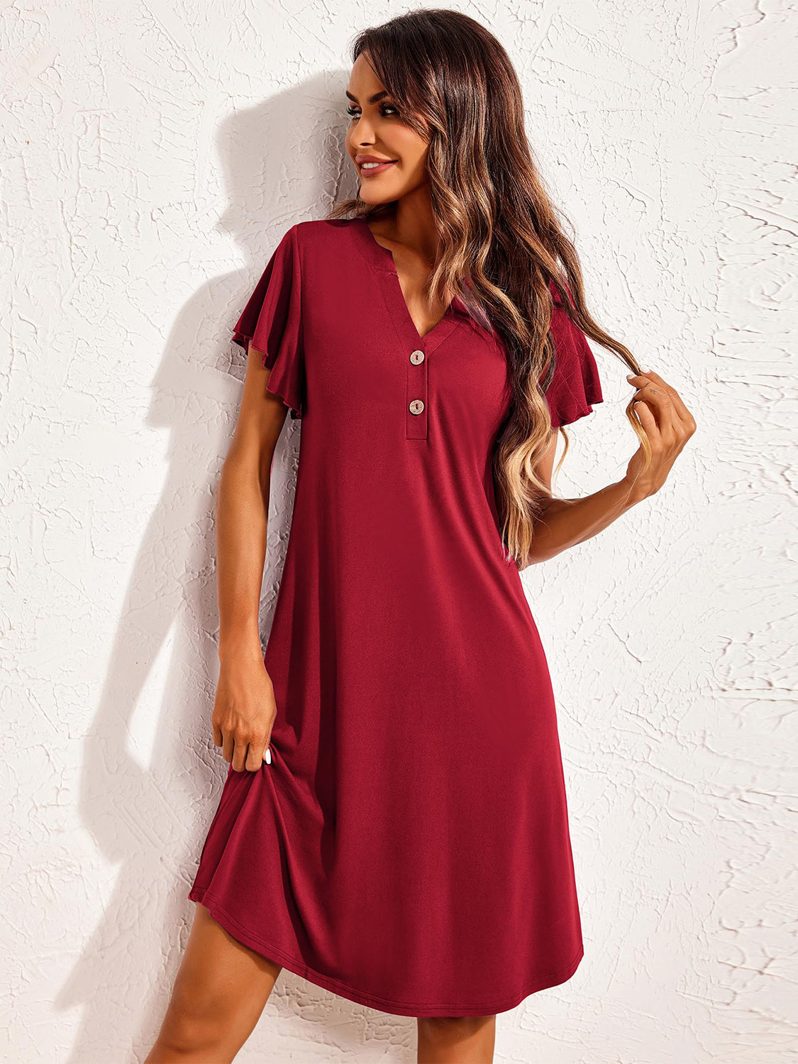 Notched Short Sleeve Lounge Dress Trendsi