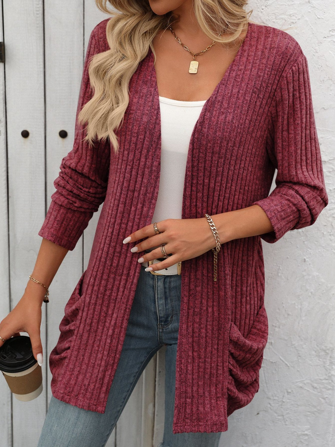 Mandy Open Front Long Sleeve Ribbed Cardigan Trendsi