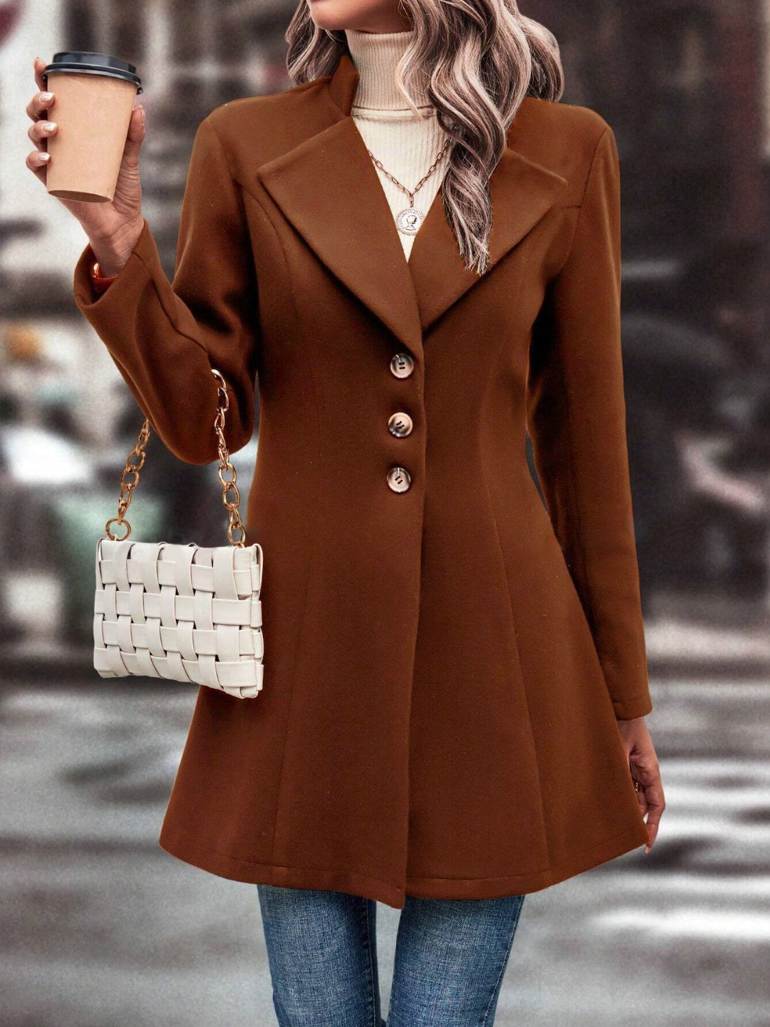 Collared Neck Long Sleeve Longline Coat Trendsi