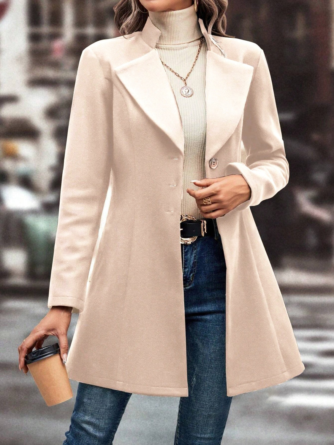 Collared Neck Long Sleeve Longline Coat Trendsi