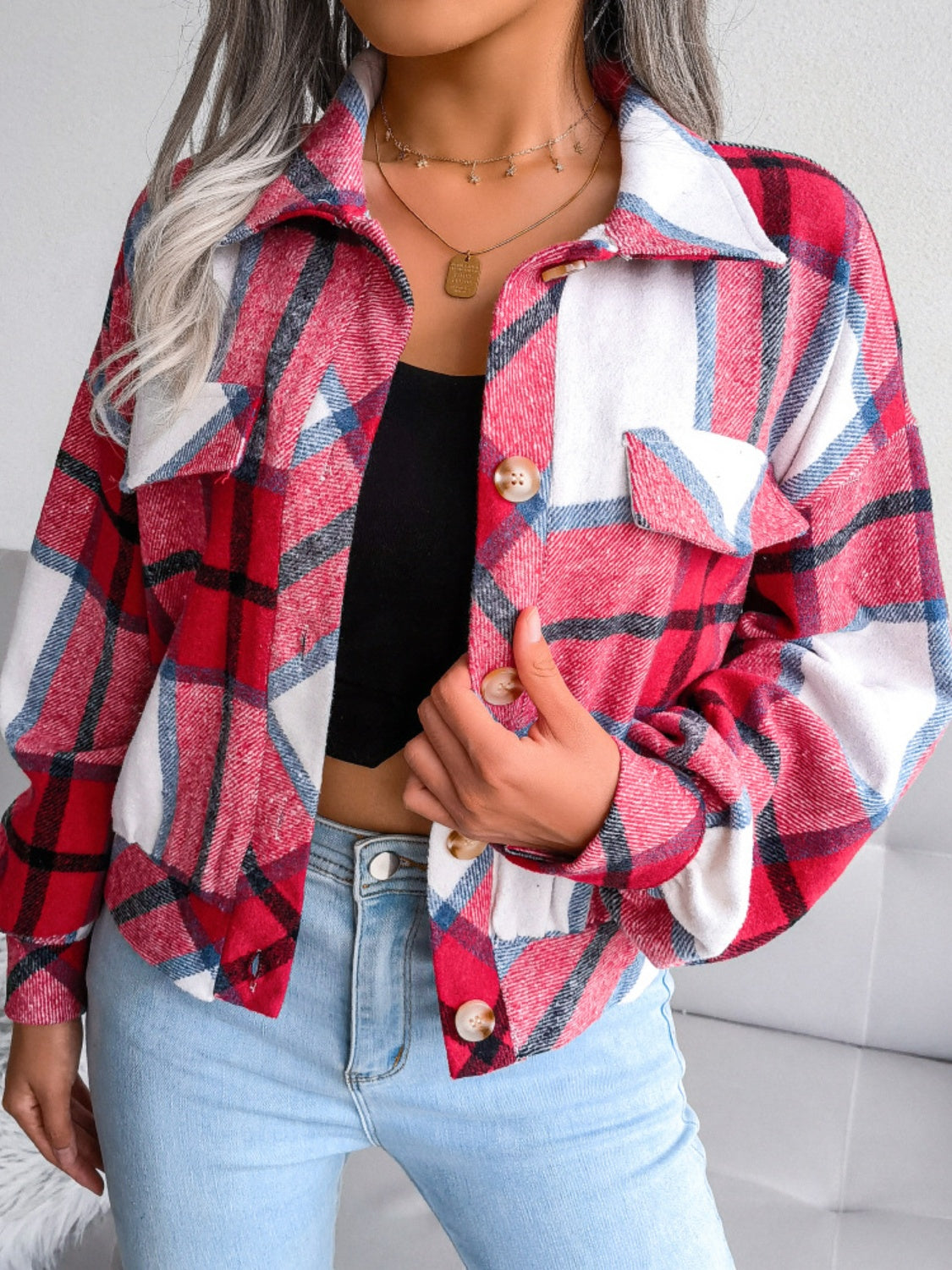 Plaid Collared Neck Long Sleeve Jacket Trendsi