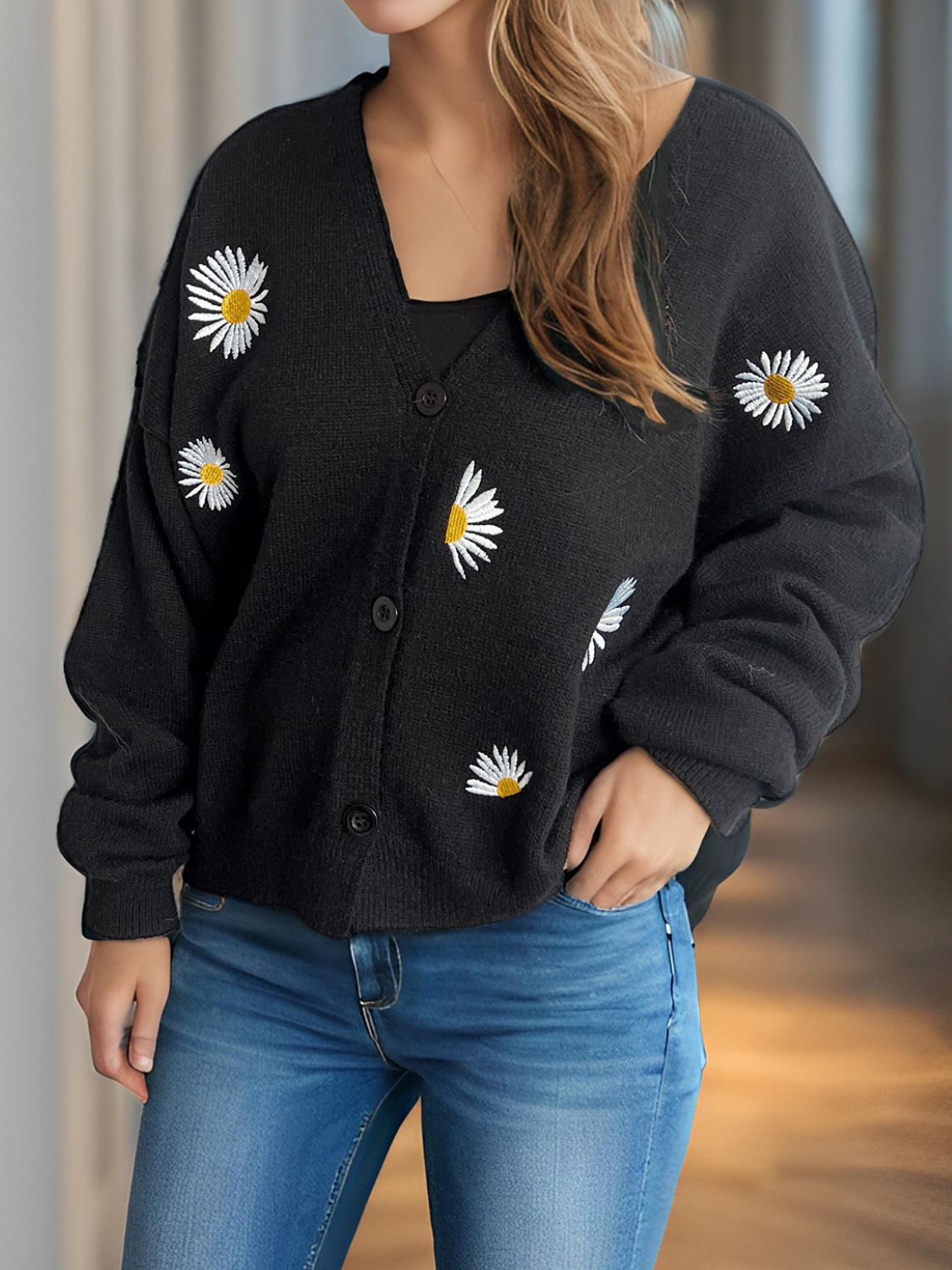 Daisy Button Up V-Neck Cardigan Trendsi