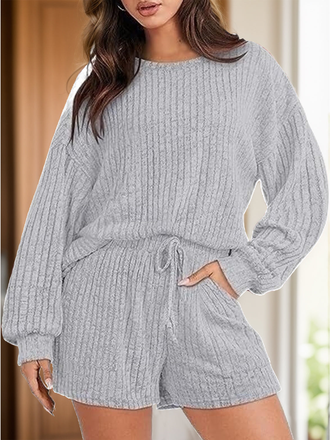 I Simply Love This! Comfy and Warm Round Neck Dropped Shoulder Top and Shorts Set Trendsi