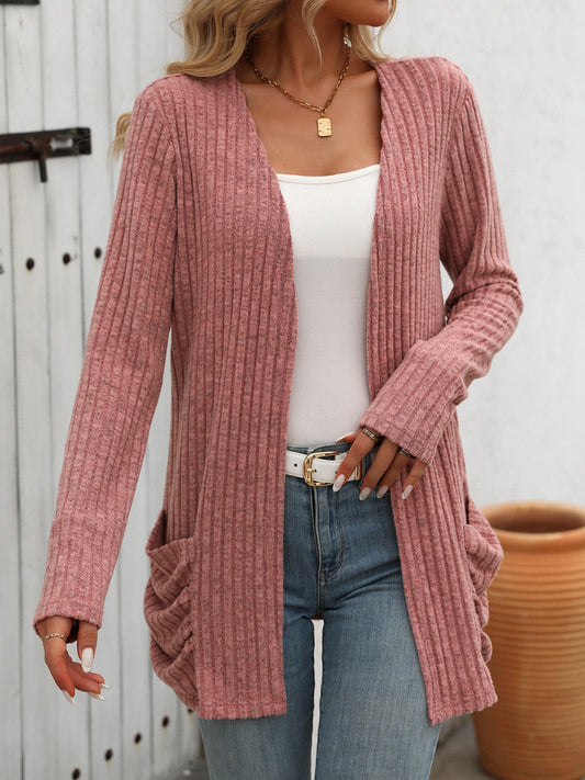 Mandy Open Front Long Sleeve Ribbed Cardigan Trendsi