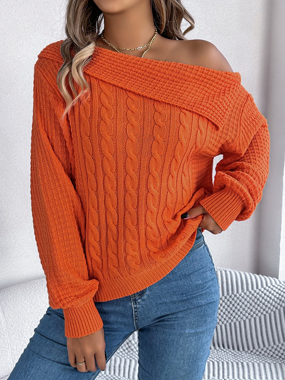 Cable-Knit One Shoulder Long Sleeve Sweater Trendsi