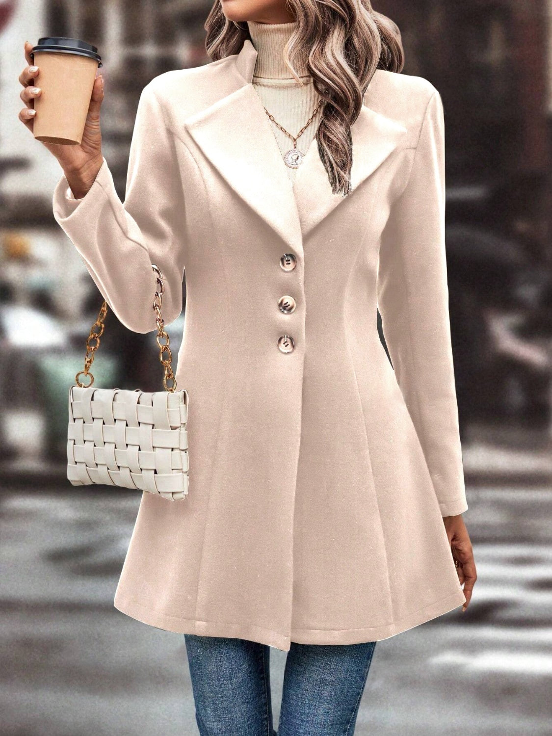 Collared Neck Long Sleeve Longline Coat Trendsi