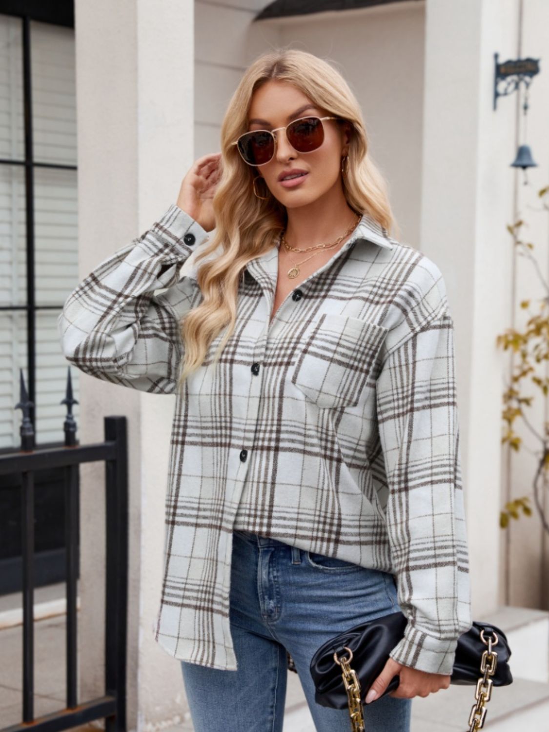 Throw -It-On Plaid Collared Neck Long Sleeve Shirt - House of Cardwell