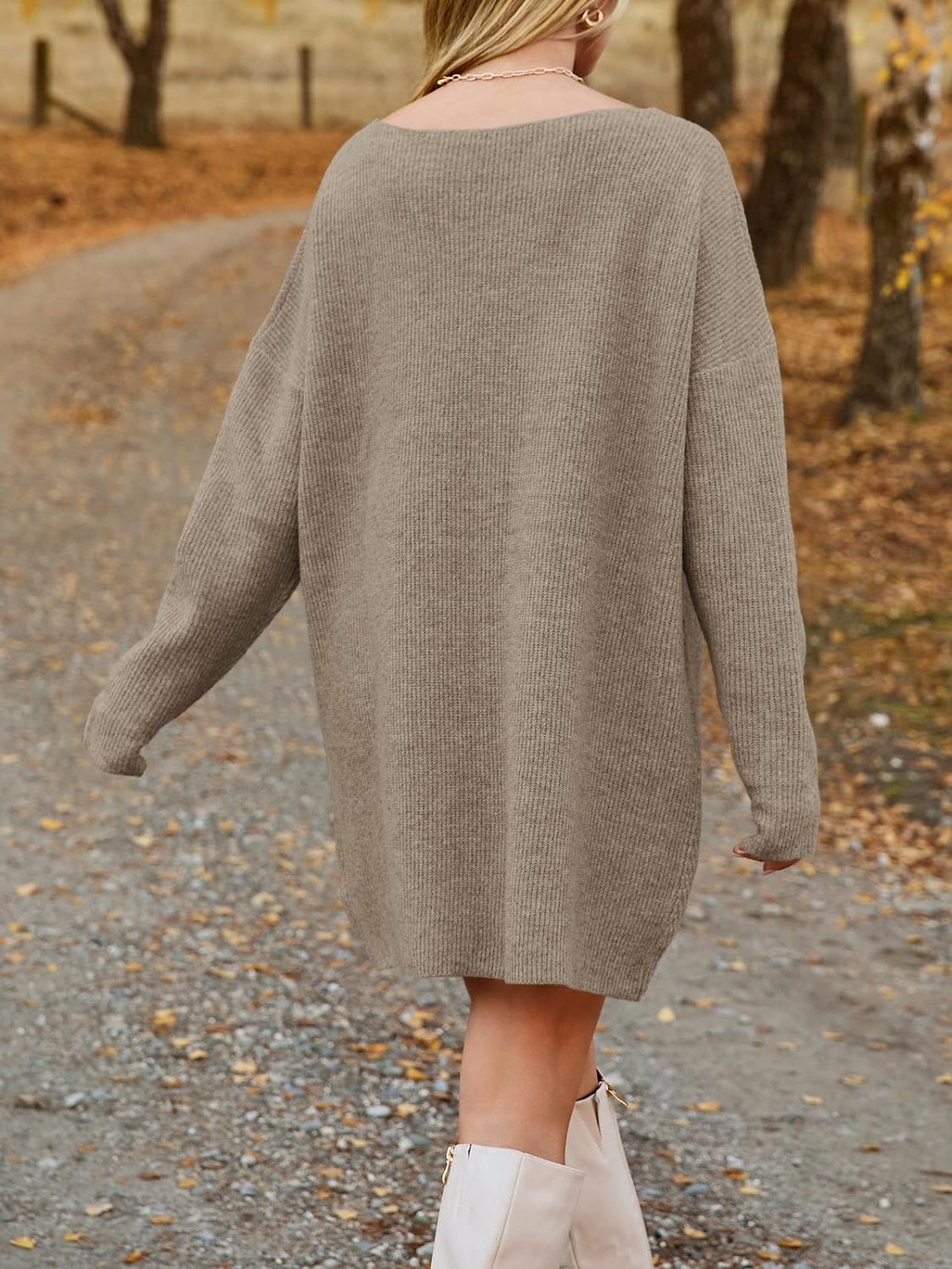 V-Neck Dropped Shoulder Sweater Dress Trendsi