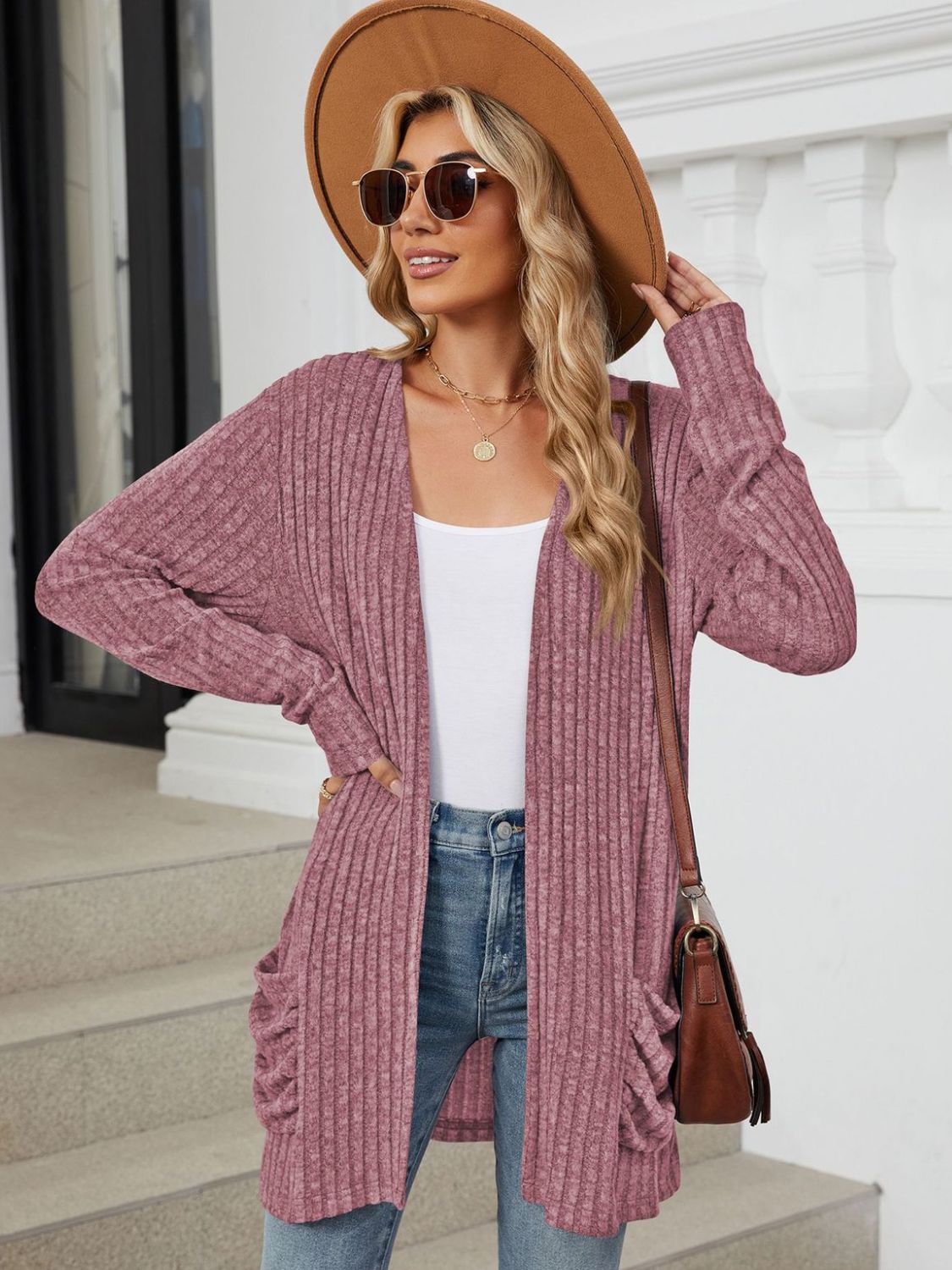 Pocketed Open Front Long Sleeve Cardigan Trendsi