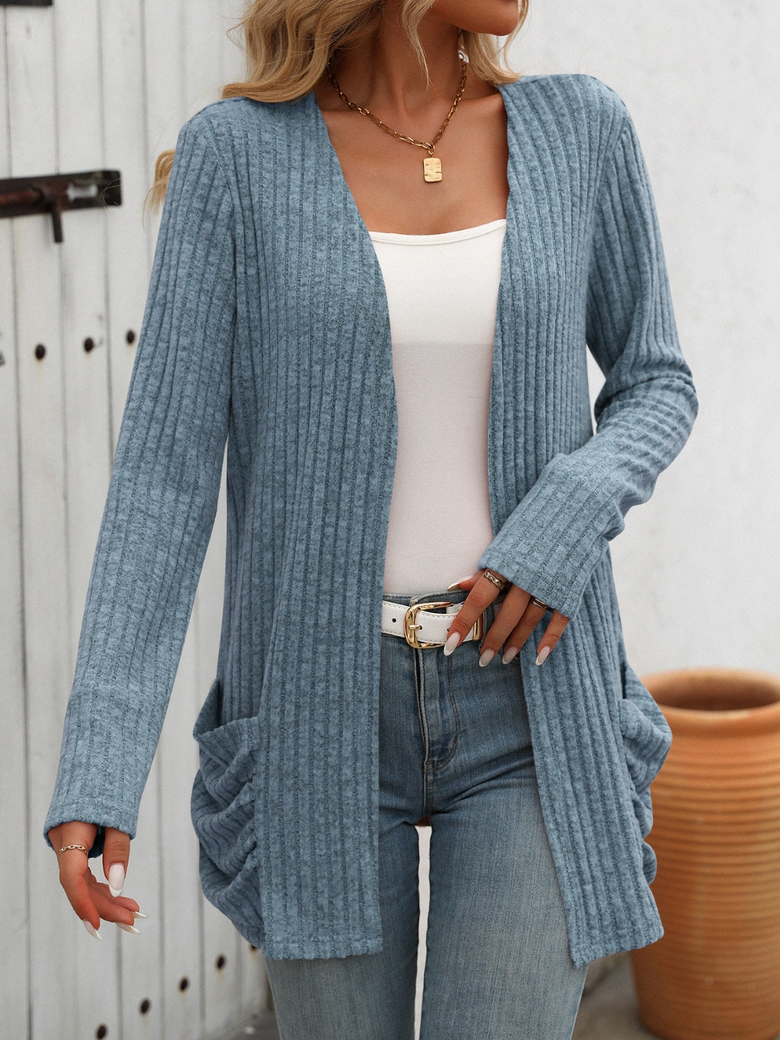 Mandy Open Front Long Sleeve Ribbed Cardigan Trendsi