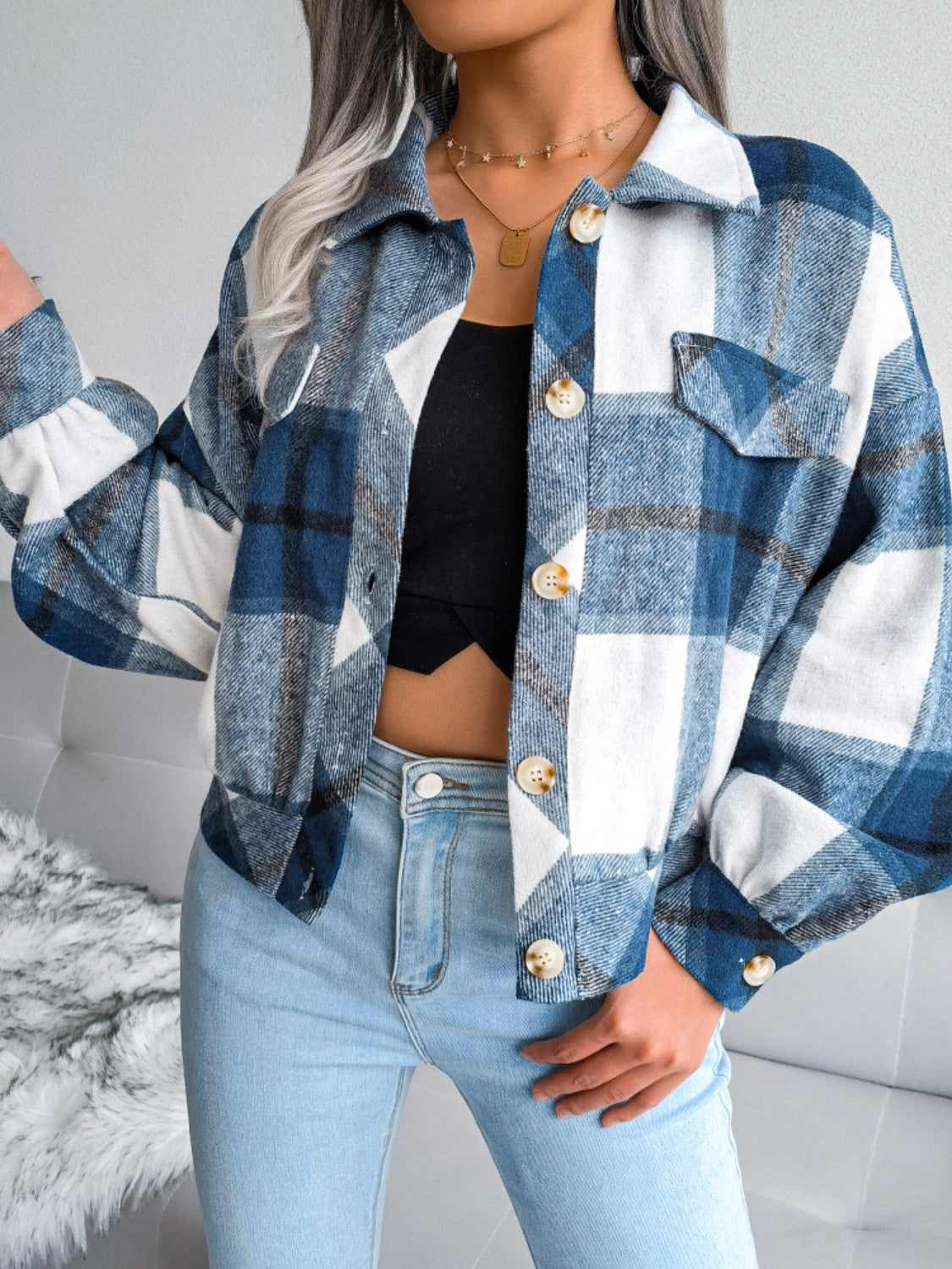 Plaid Collared Neck Long Sleeve Jacket Trendsi