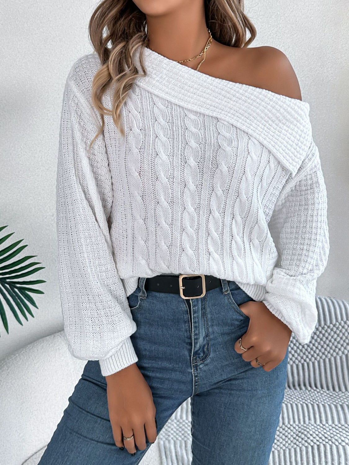 Cable-Knit One Shoulder Long Sleeve Sweater Trendsi