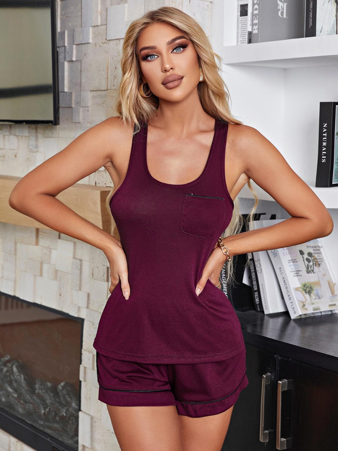 Scoop Neck Wide Strap Tank and Shorts Lounge Set - House of Cardwell