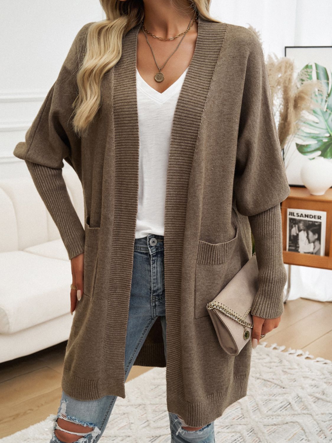 Devine Open Front Long Sleeve Cardigan Trendsi