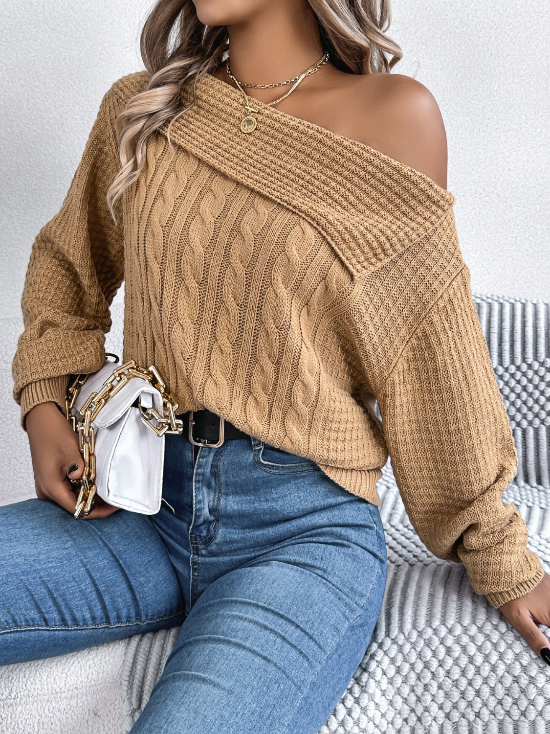 Cable-Knit One Shoulder Long Sleeve Sweater Trendsi