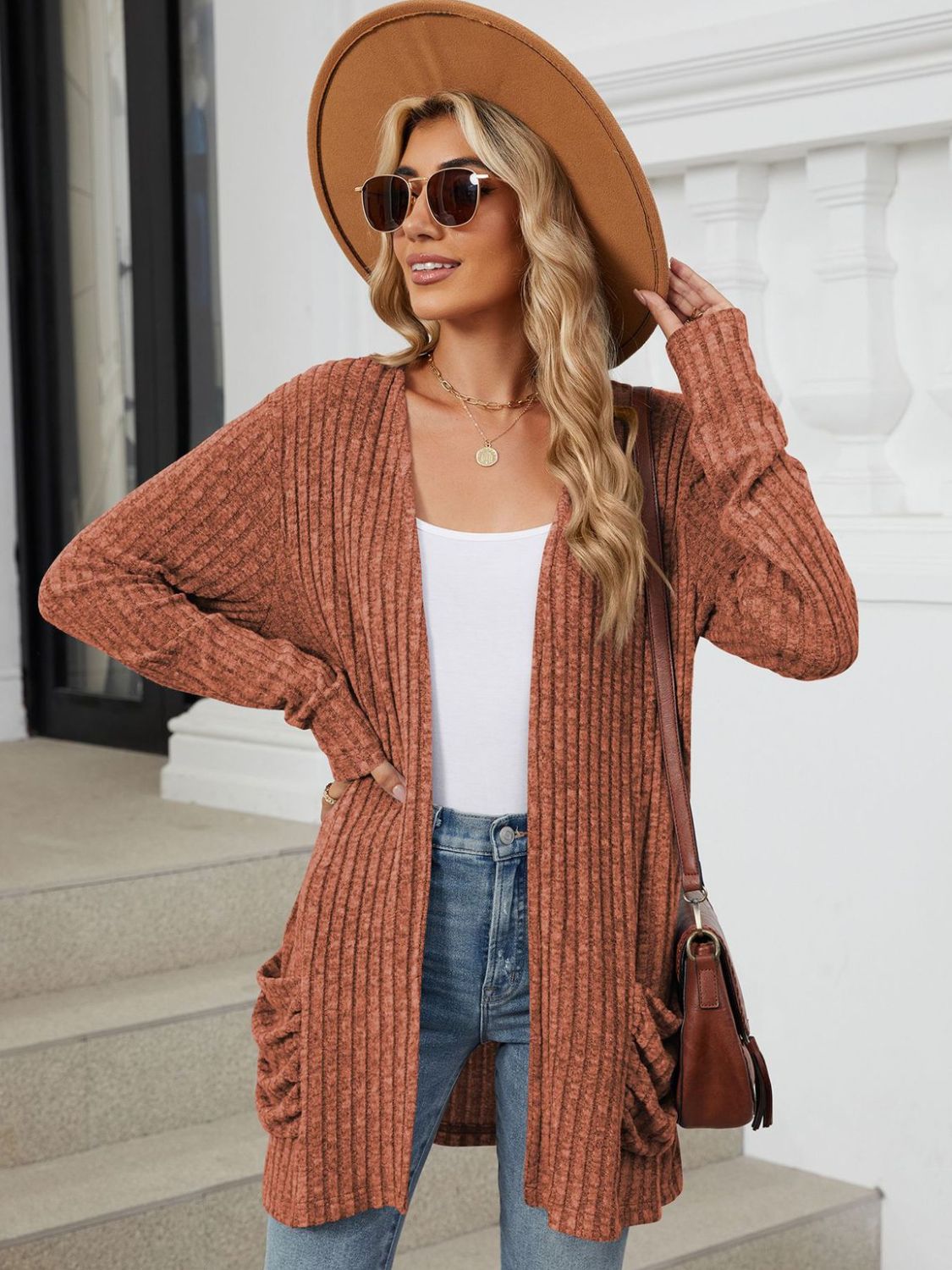 Pocketed Open Front Long Sleeve Cardigan Trendsi