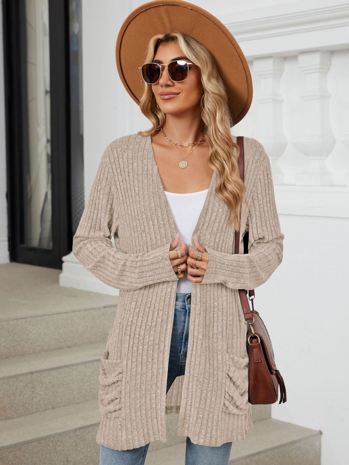 Pocketed Open Front Long Sleeve Cardigan Trendsi