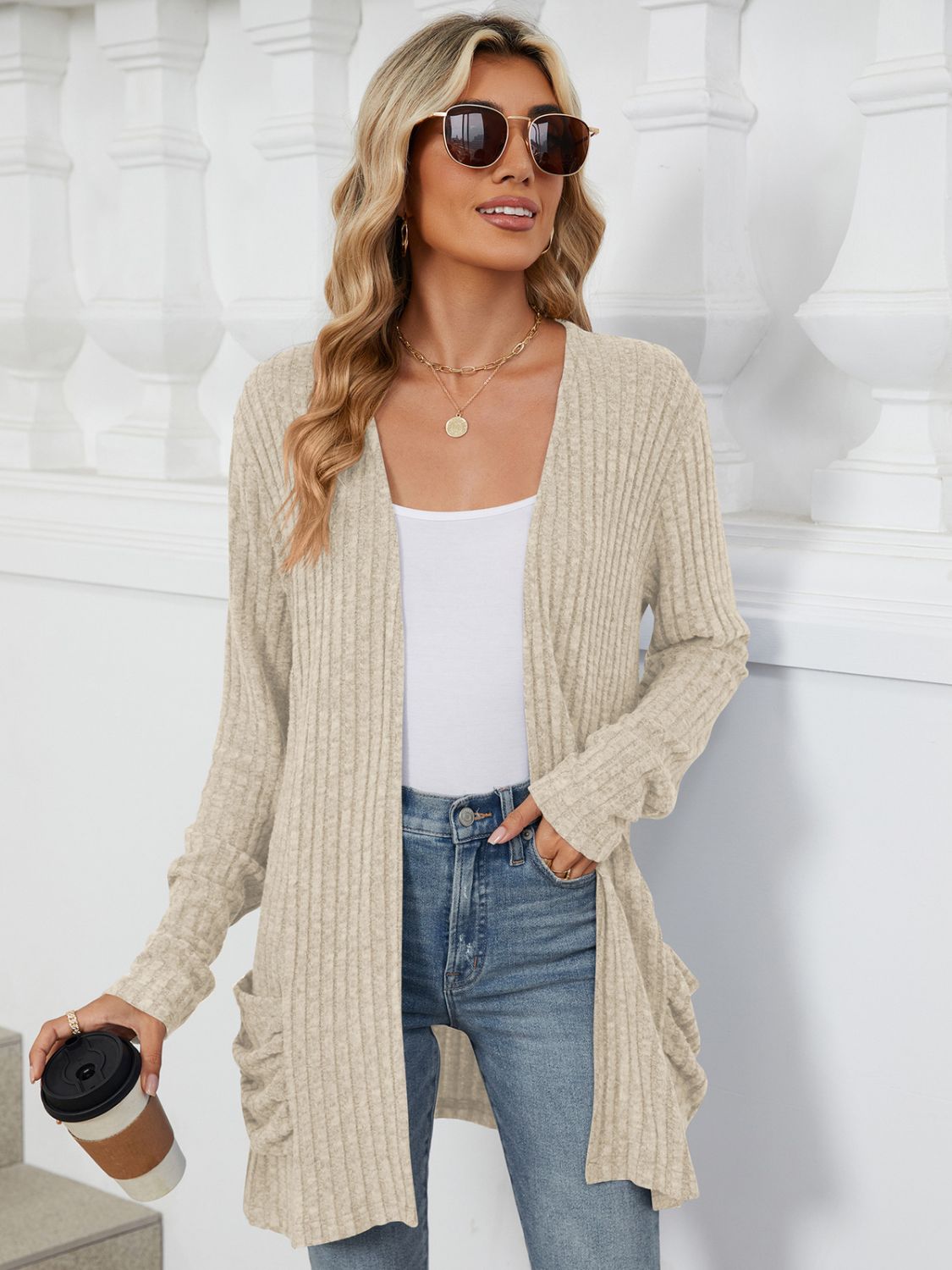 Pocketed Open Front Long Sleeve Cardigan Trendsi