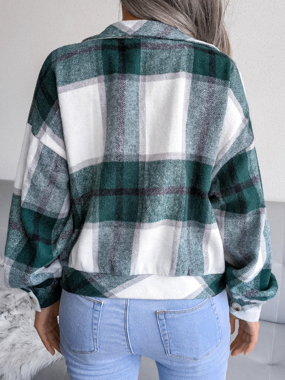 Plaid Collared Neck Long Sleeve Jacket Trendsi