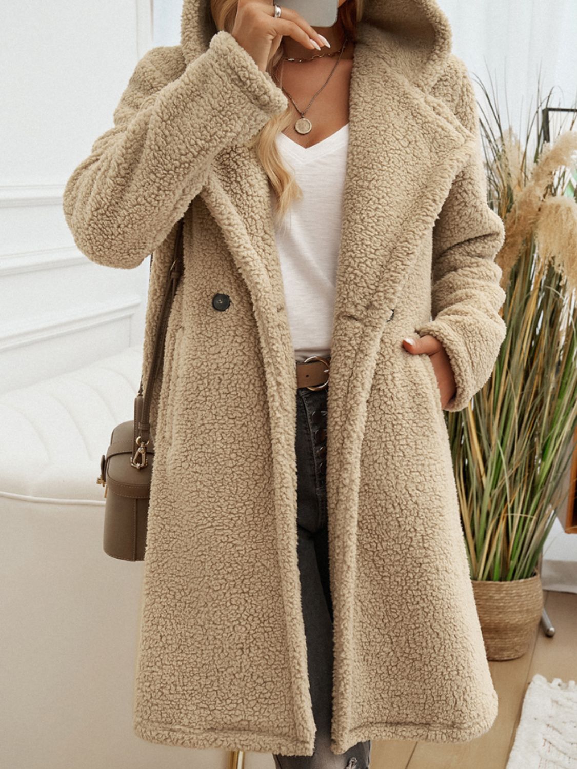 Devine Pocketed Long Sleeve Hooded Teddy Coat Trendsi