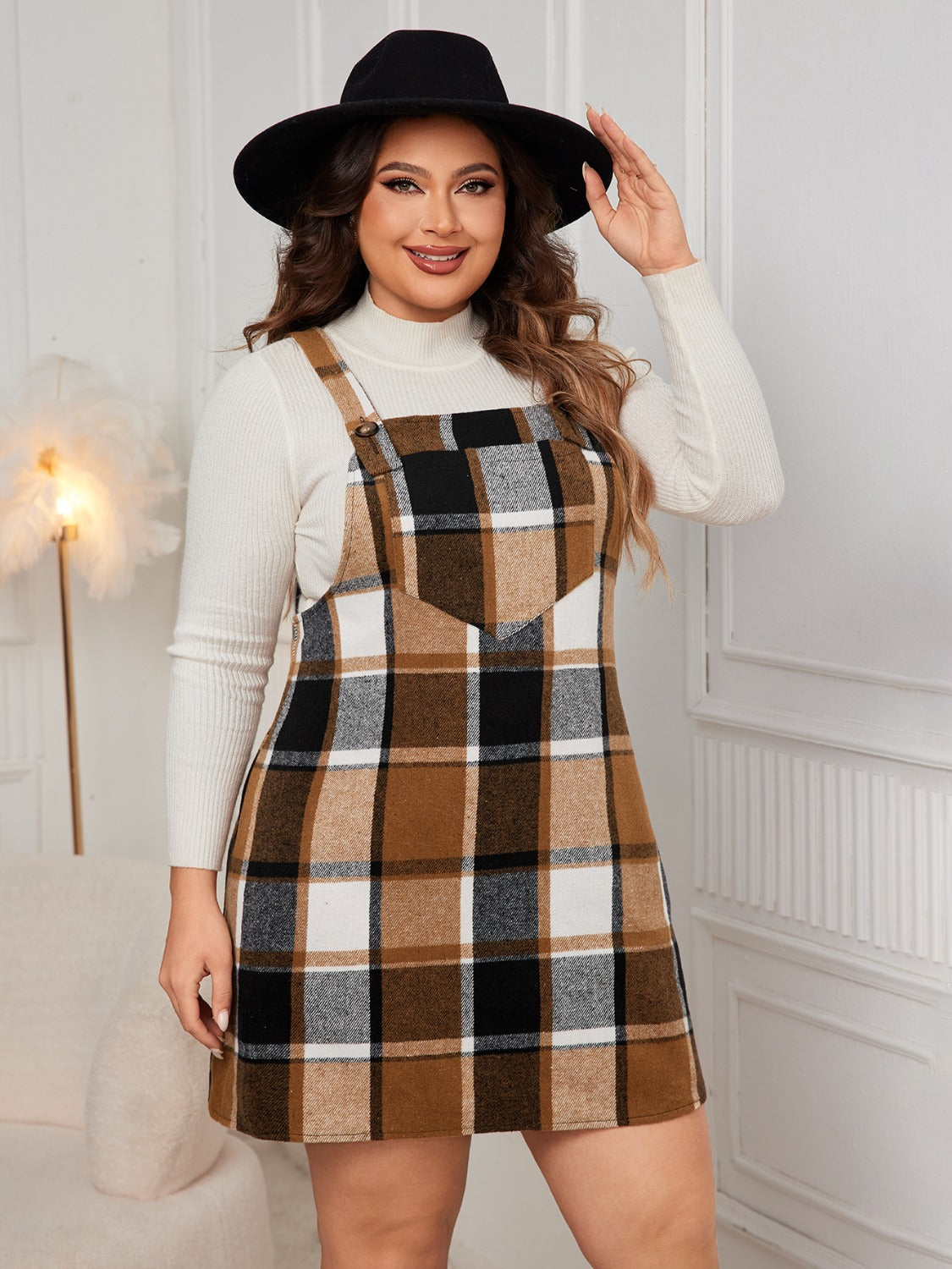 Honey Plus Size Plaid Wide Strap Overall Dress Trendsi