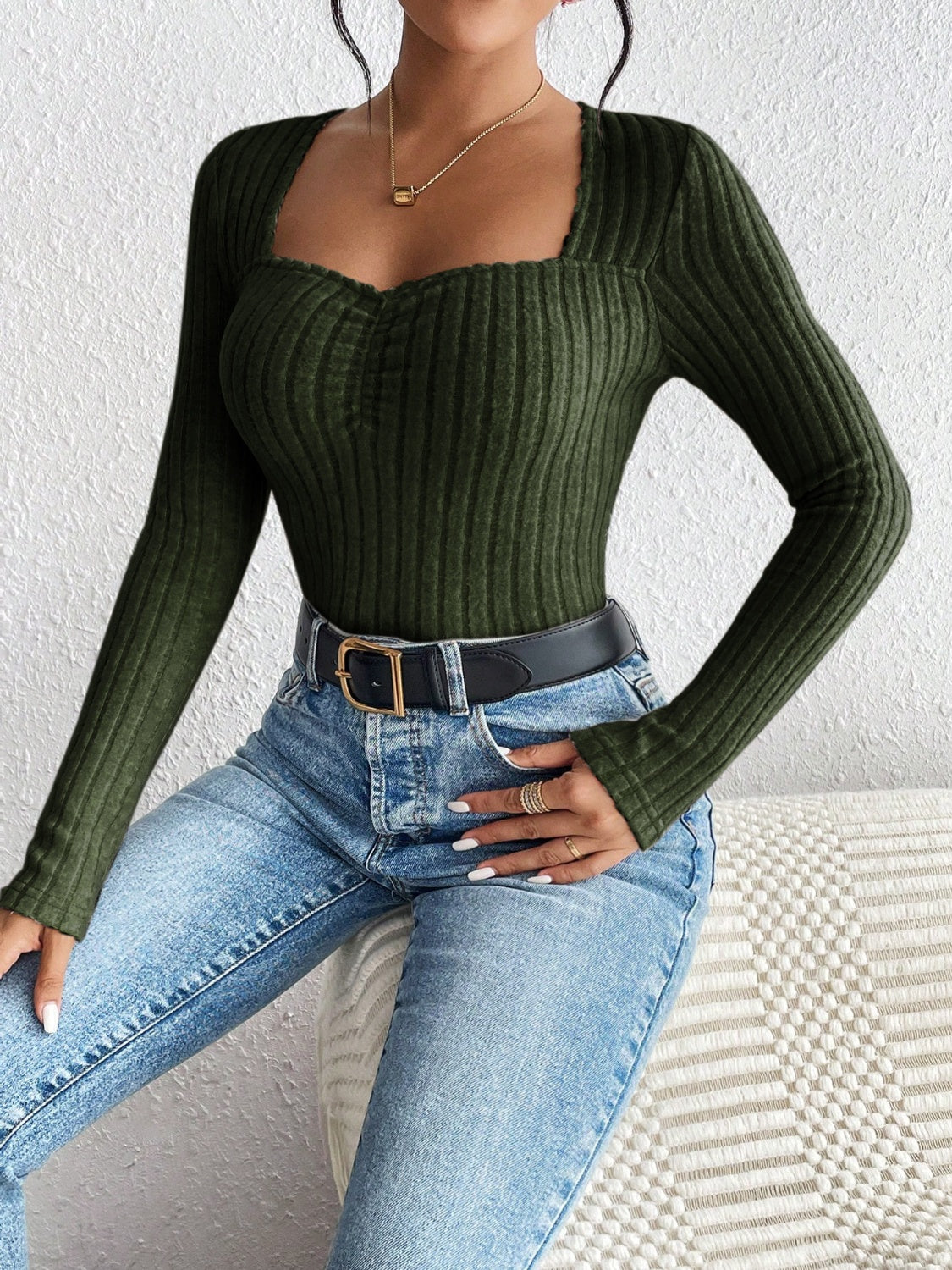 Honey Ribbed Long Sleeve T-Shirt Trendsi