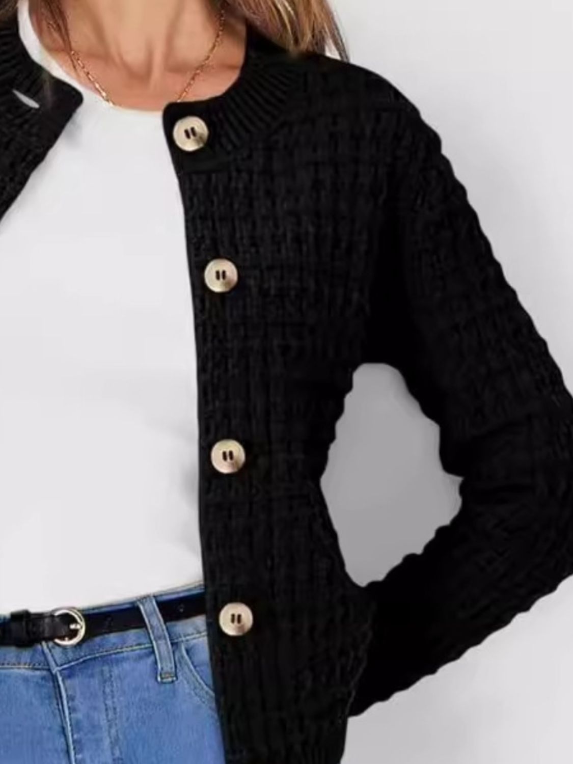 Button Up Round Neck Long Sleeve Cardigan Trendsi