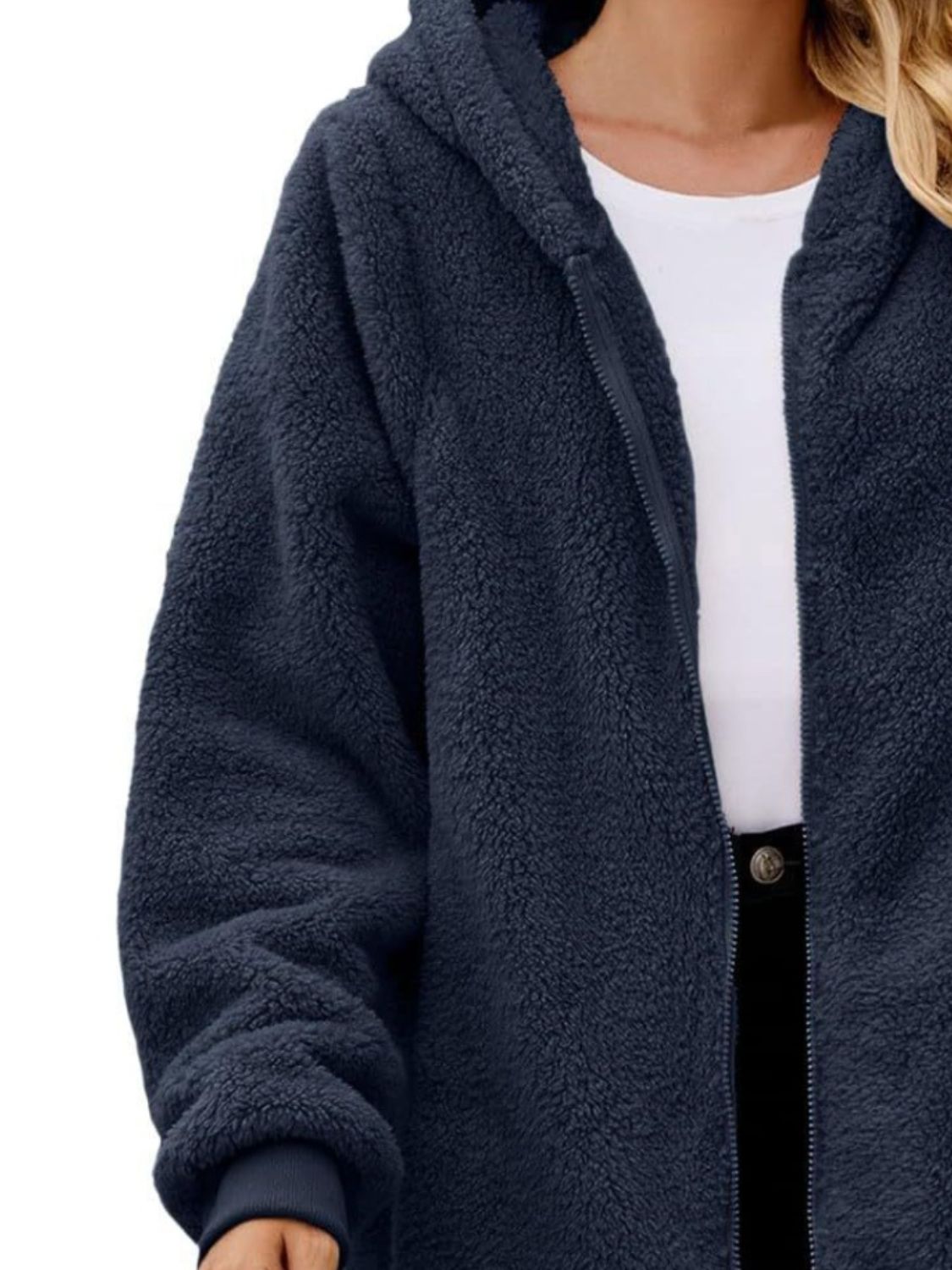 Fuzzy Pocketed Zip Up Long Sleeve Hooded Jacket Trendsi