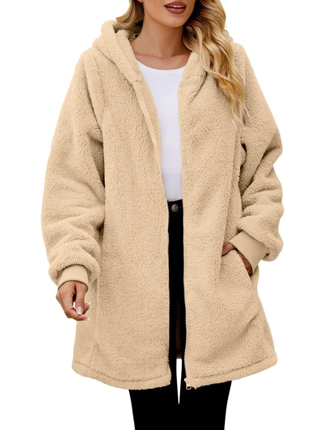 Fuzzy Pocketed Zip Up Long Sleeve Hooded Jacket Trendsi