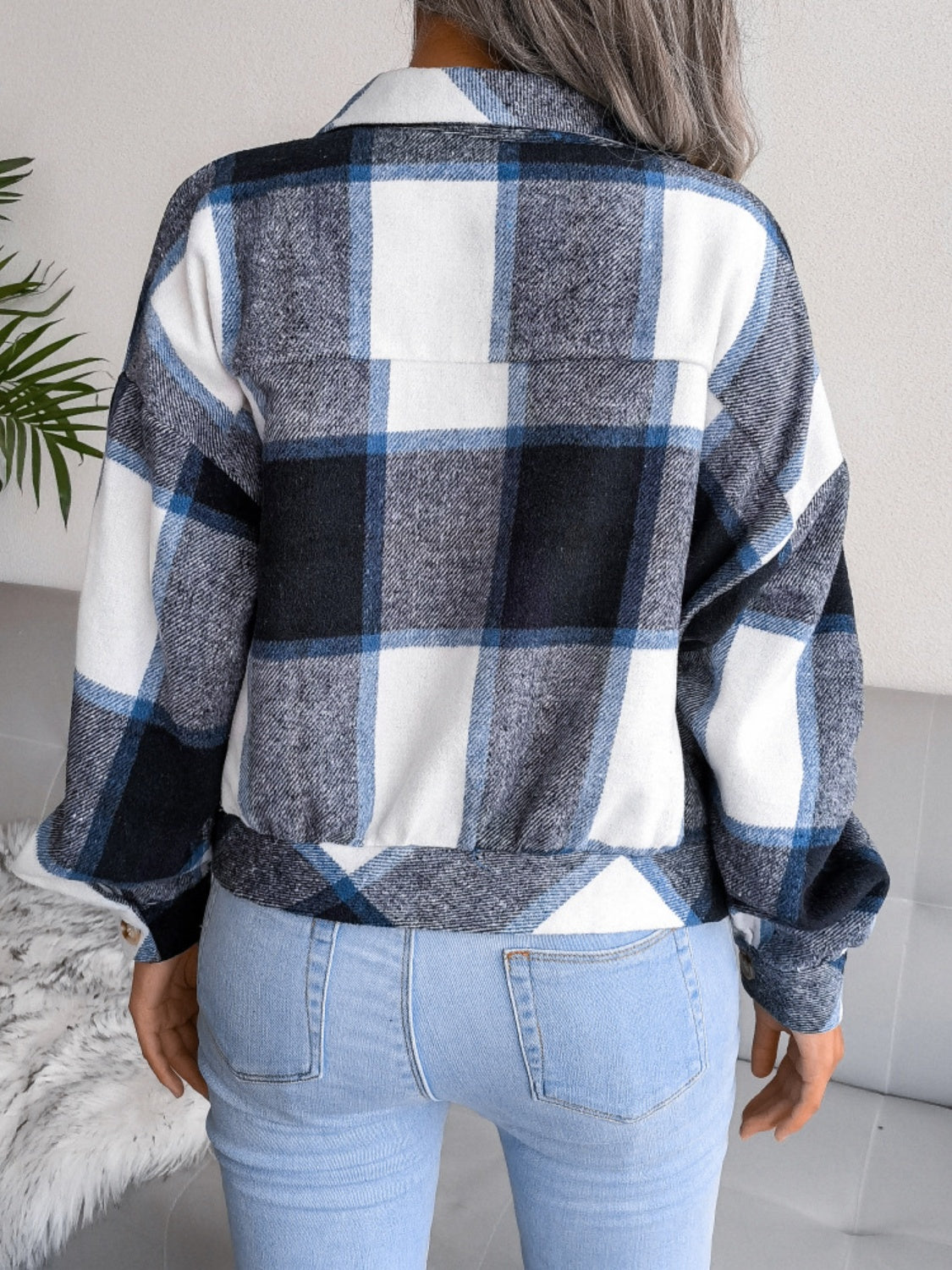 Plaid Collared Neck Long Sleeve Jacket Trendsi