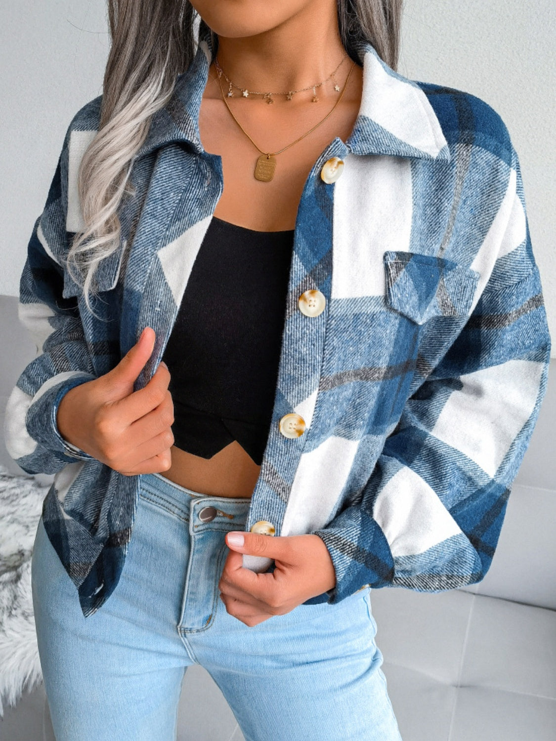 Plaid Collared Neck Long Sleeve Jacket Trendsi