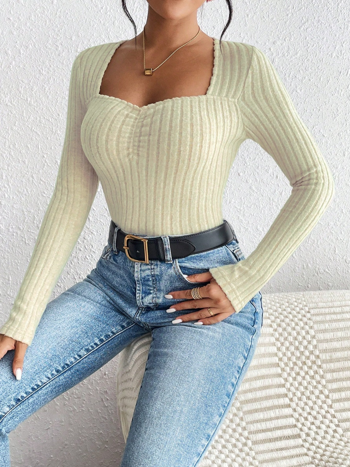 Honey Ribbed Long Sleeve T-Shirt Trendsi