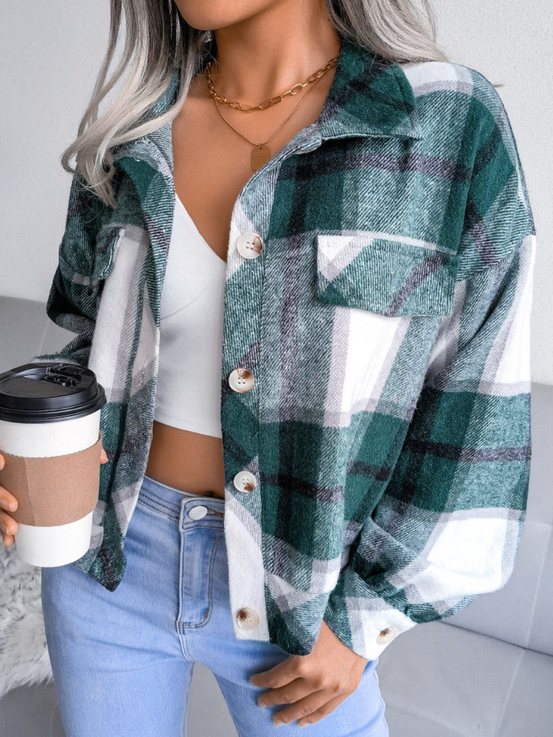 Plaid Collared Neck Long Sleeve Jacket Trendsi