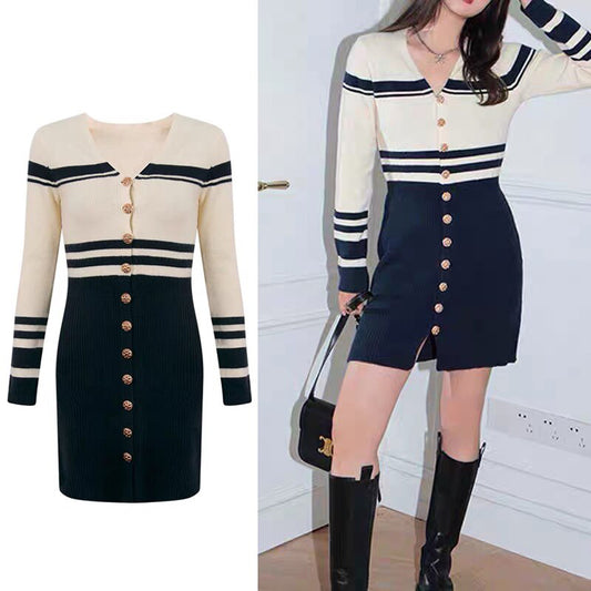 Women Black And White Single Breasted V-Neck Knitting Mini Dress Slimy Bodycon Party Night Sweater Dresses eprolo