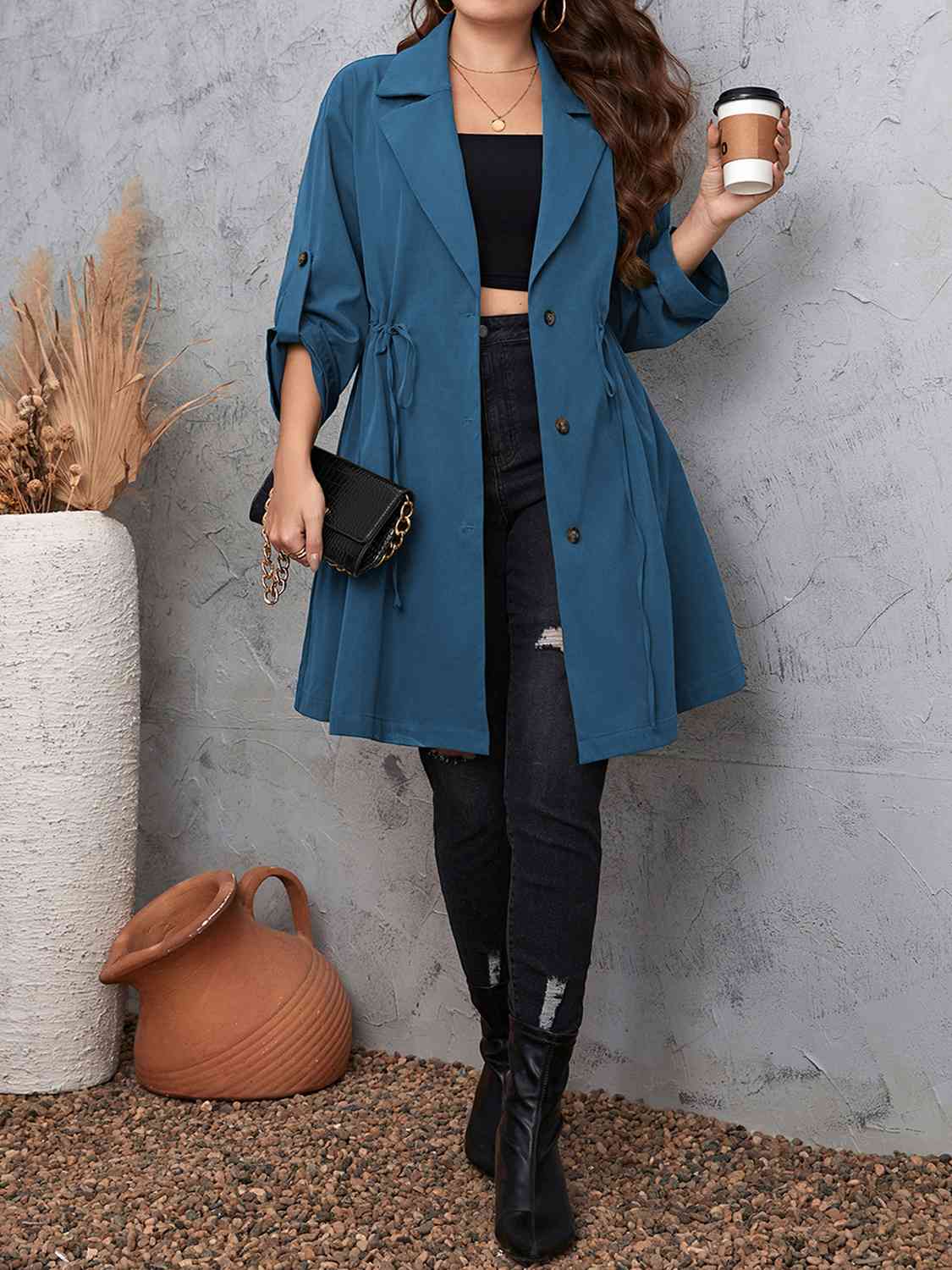 Plus Size Lapel Collar Drawstring Roll-Tab Sleeve Trench Coat - House of Cardwell