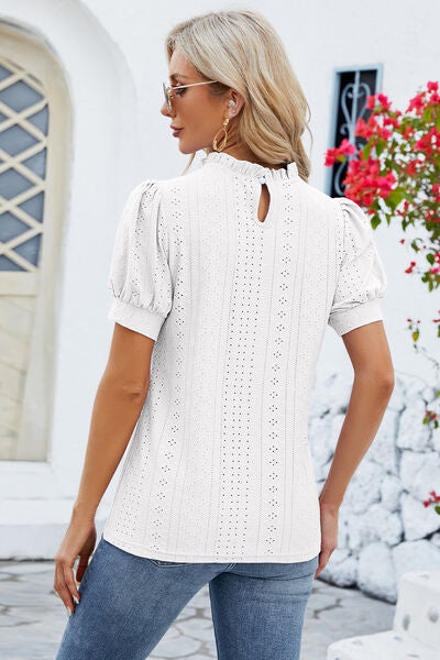 Frill Mock Neck Short Sleeve Eyelet Blouse - House of Cardwell