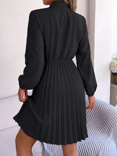 Tie Neck Balloon Sleeve Pleated Dress - House of Cardwell