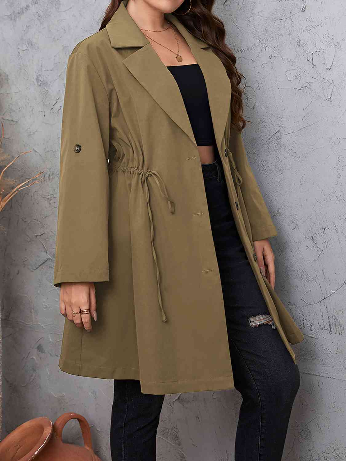 Plus Size Lapel Collar Drawstring Roll-Tab Sleeve Trench Coat - House of Cardwell