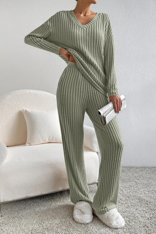 Ribbed V-Neck Top and Pants Set - House of Cardwell